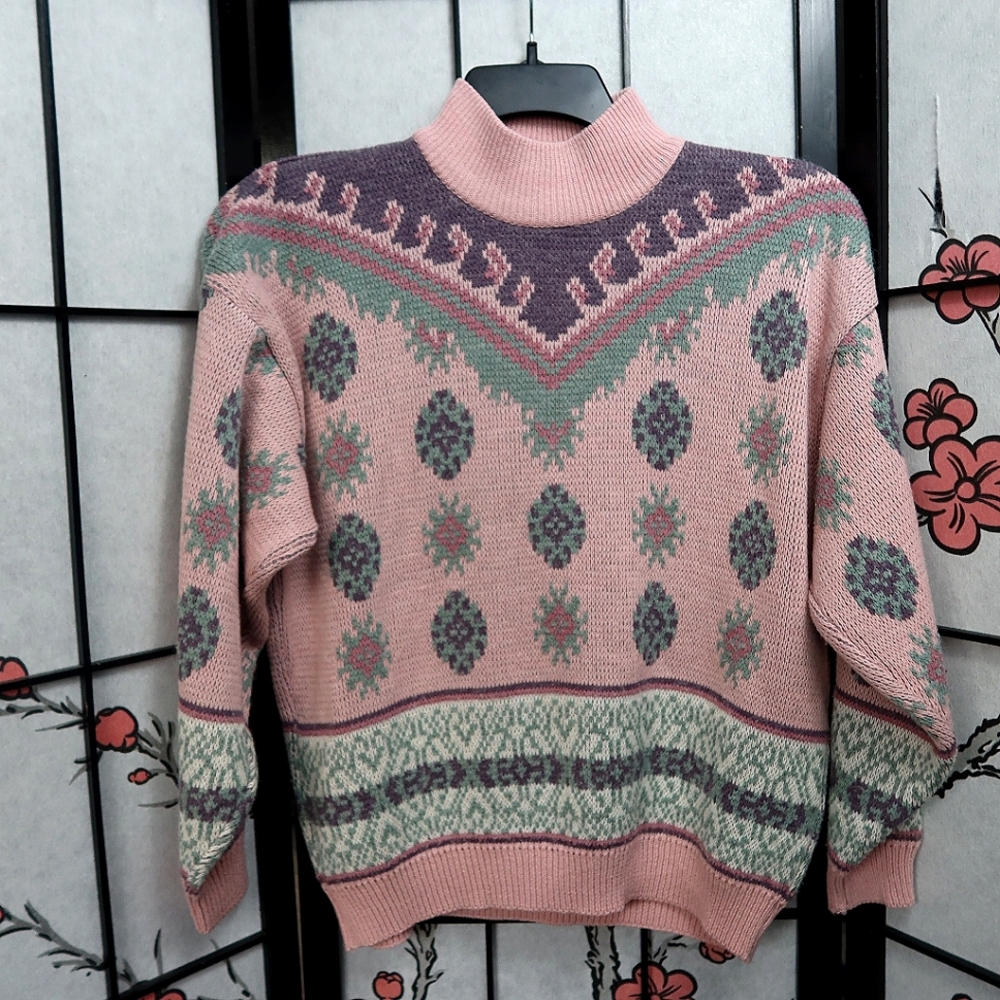 Vintage Pink Glam 80s Pink and Purple Fair Isle Mock Neck Sweater Size Medium